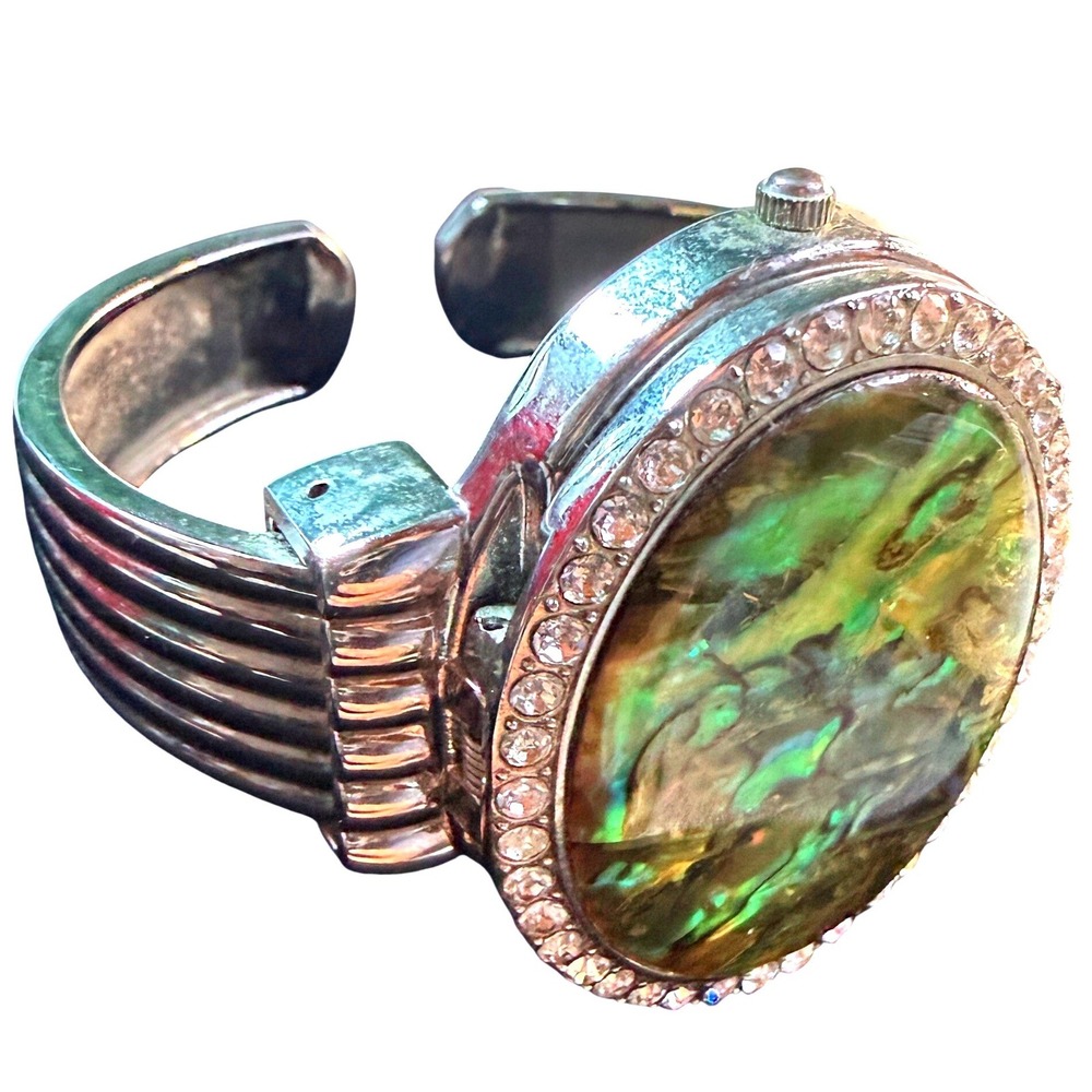 Geneva Abalone Shell Cuff Bracelet Watch Rhinestone Hidden Face Mother of Pearl